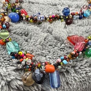 Vintage multi-strand colourful Glass Beads hand knitted string Necklace